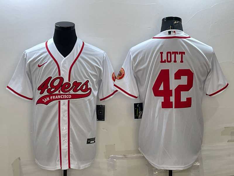 Men%27s San Francisco 49ers #42 Ronnie Lott White With Patch Cool Base Stitched Baseball Jersey